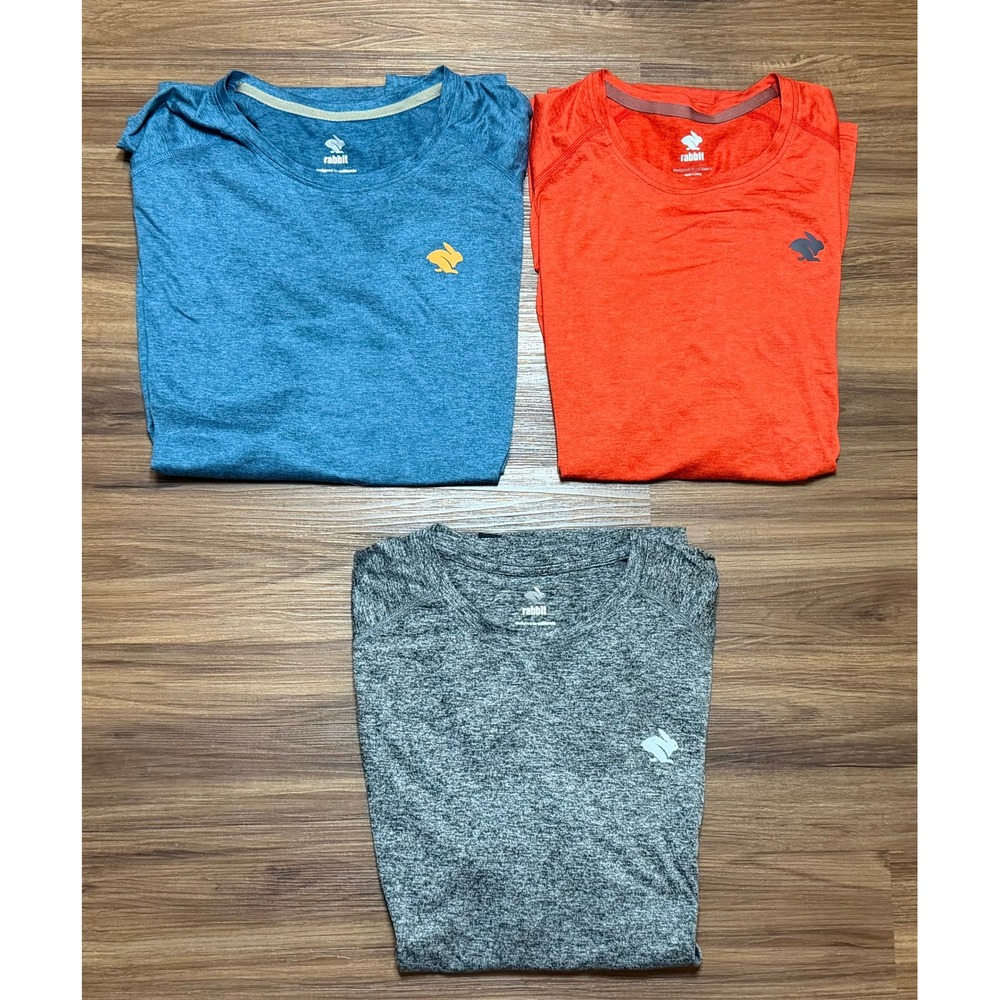 Lot of 3 Rabbit EZ Tee Short Sleeve Performance Shirts Orange, Blue, Grey Sz L